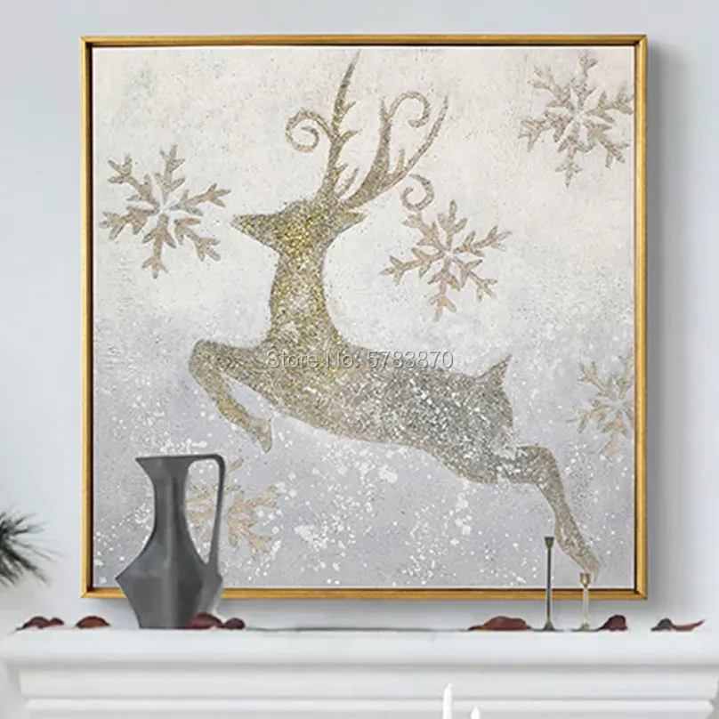 

Hand Painted MODERN Animal Oil Paintings On Canvas SNOW Reindeer Wall Picture For Living Room Christmas gifts