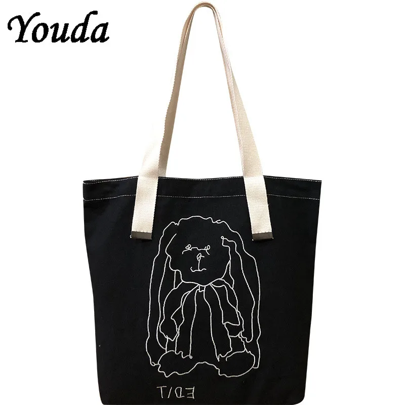 

New Rabbit Embroidery Women Canvas Shoulder Bag Daily Shopping Bags Students Book Bag Cotton Cloth Handbags Large Tote For Girls