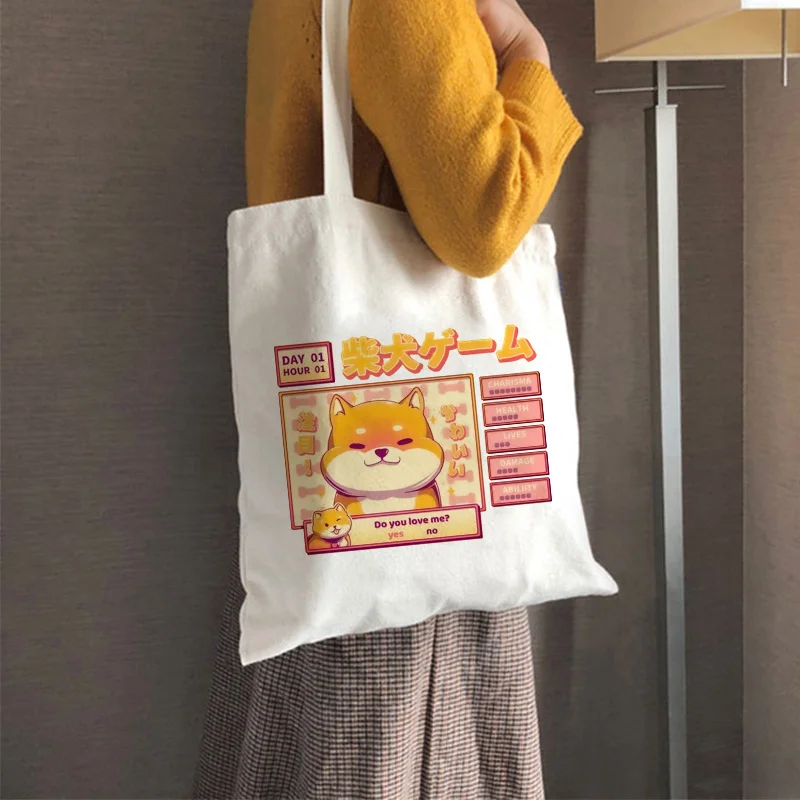 

Kawaii Shiba Inu Print Canvas Shopper Casual Tote Bag Shoulder Bag Shopping Bag Women Large Capacity Harajuku Reusable Handbag