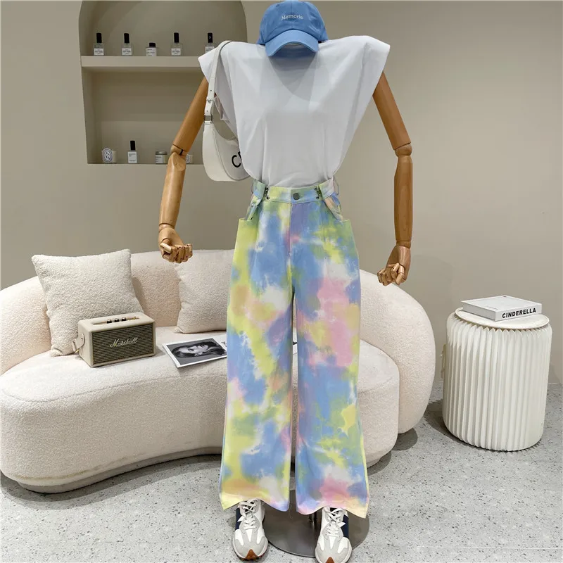 

Women's Spring 2021 Niche Design Fashion Rainbow Button Up Wide Leg Jeans Straight Casual Floor Pants