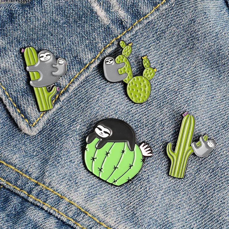 

Funny Sloth Cactus Enamel Pins Have Fun Green Plant Brooches Lapel Bag Cute Cartoon Animal Badge Jewelry Gift for Friends