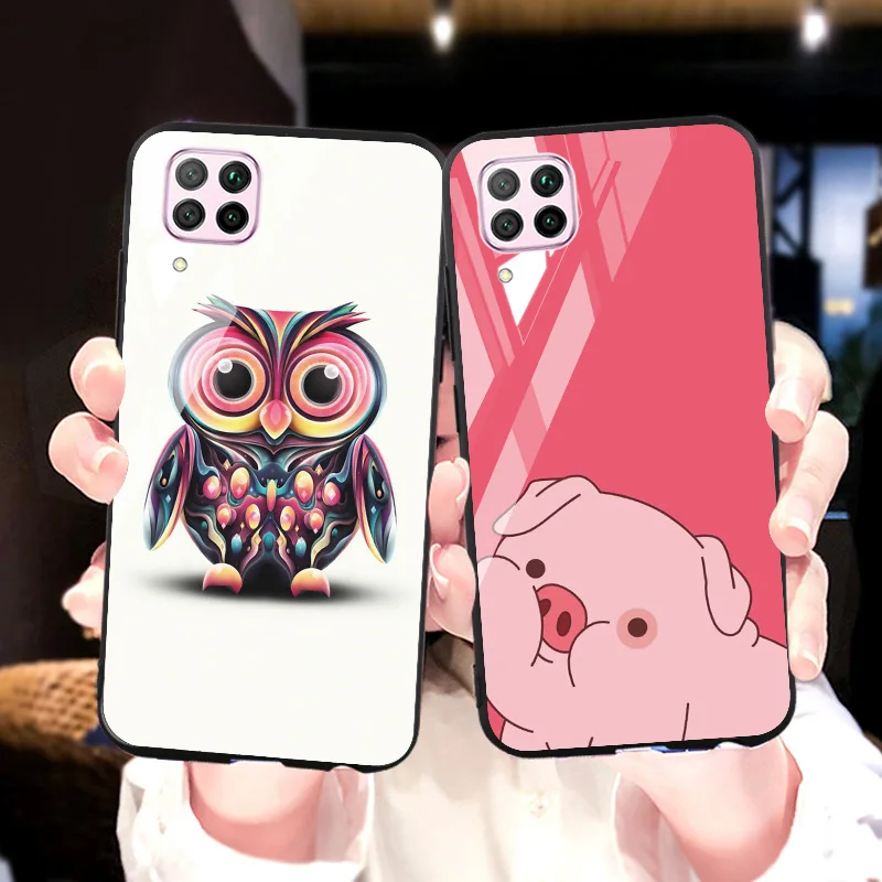 

Tempered Glass Case For Huawei P40 lite Cases Cute Cartoon Bumper Huawei P20 Pro P30 Lite Y5 Y6 Y9 Prime 2019 Y7 2018 Cover Etui
