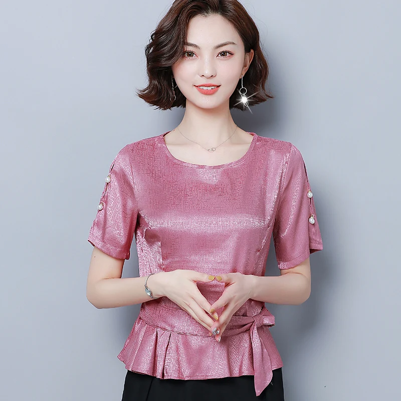 

Korean Fashion Silk Women Blouses Satin Womens Tops and Blouses Short Sleeve Pink Women Shirts Plus Size XXXL/4XL Ladies Tops