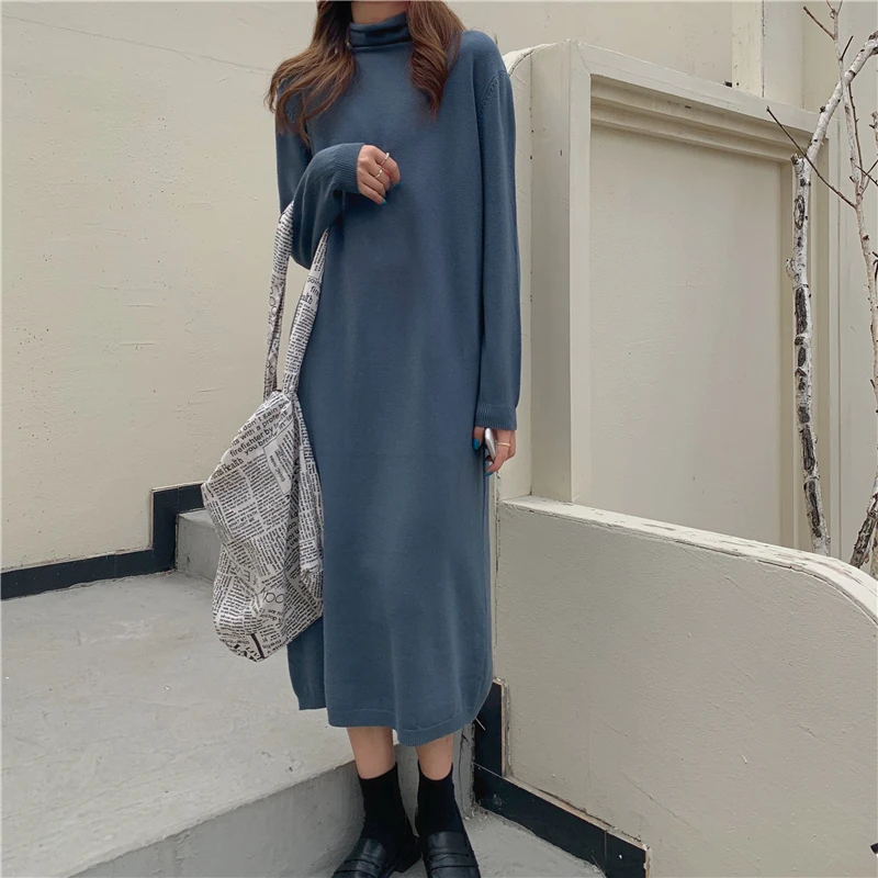 

2020 Winter Korean Version Women Loose Turtleneck Long Sleeve Long Dress Straight Knitted Dress Female Clothing