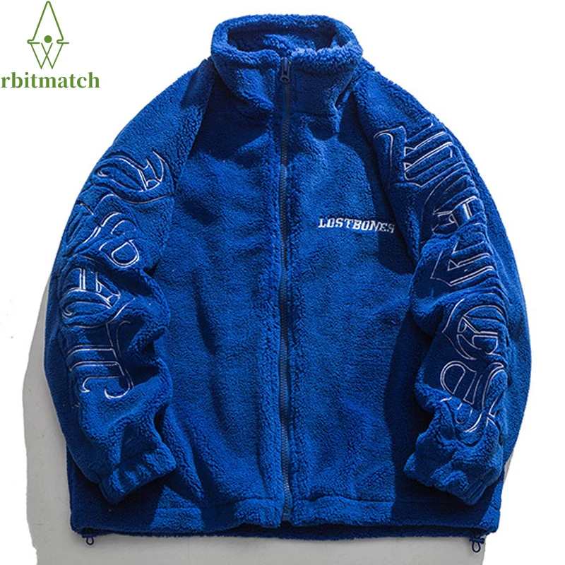 

Hip Hop Streetwear Furry Jacket Men Letter Embroidery Winter Jacket Coat Harajuku Cotton Padded Fleece Overcoat Zipper Outwear