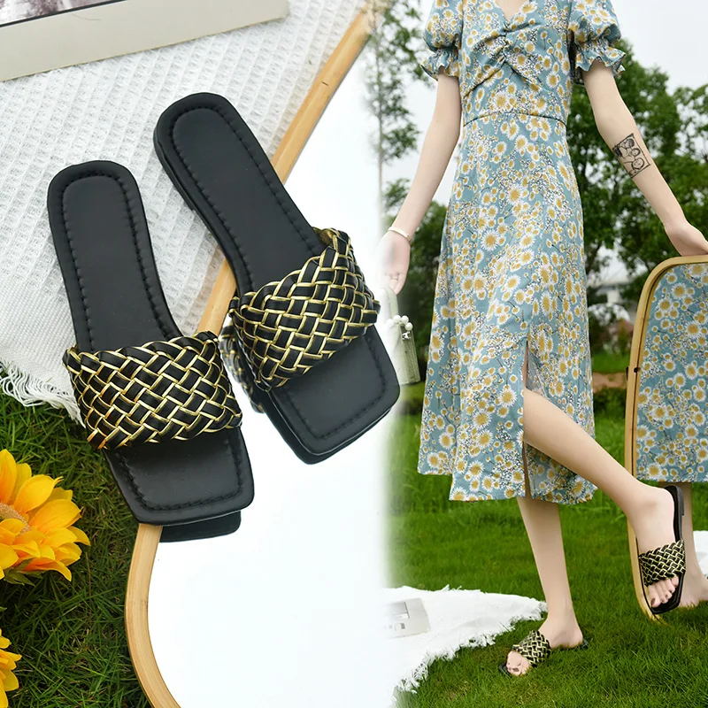 

Women Summer Slippers Braided Shiny Design Open-toe Set Foot 2021 Vacation Beach Flat Sandals Casual Flip Flops Women Shoes