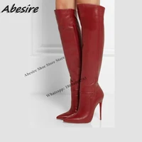 abesire long boots red side zipper solid thin high heels pu leather pointed toe knee high new autumn winter big size women shoes