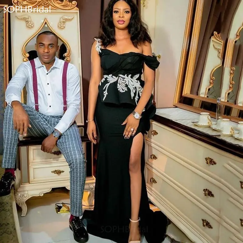 

New Arrival Off Shoulder Side Split Evening Dresses Black Mermaid Arabic Special Occasion Dresses Evening Party Gowns Vestidos