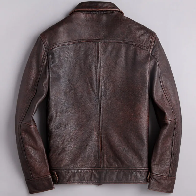 

2020 Vintage Brown Men Genuine Casual Jacket Single Breasted Plus Size 3XL Short Spring Cowhide Leather Coat