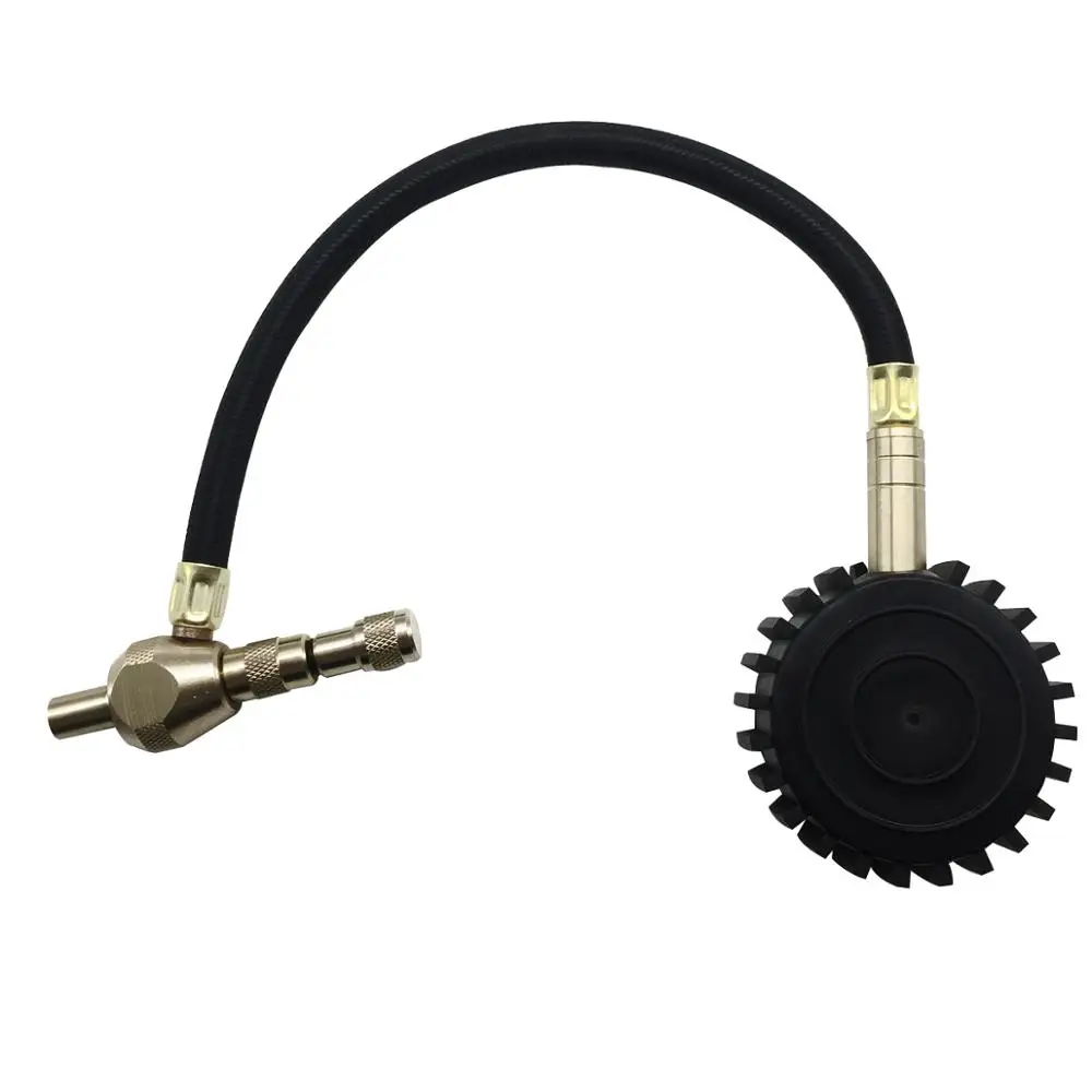 

Dial tire air pressure gauge with a rubber hose and heavy duty brass chuck with rapid deflate function