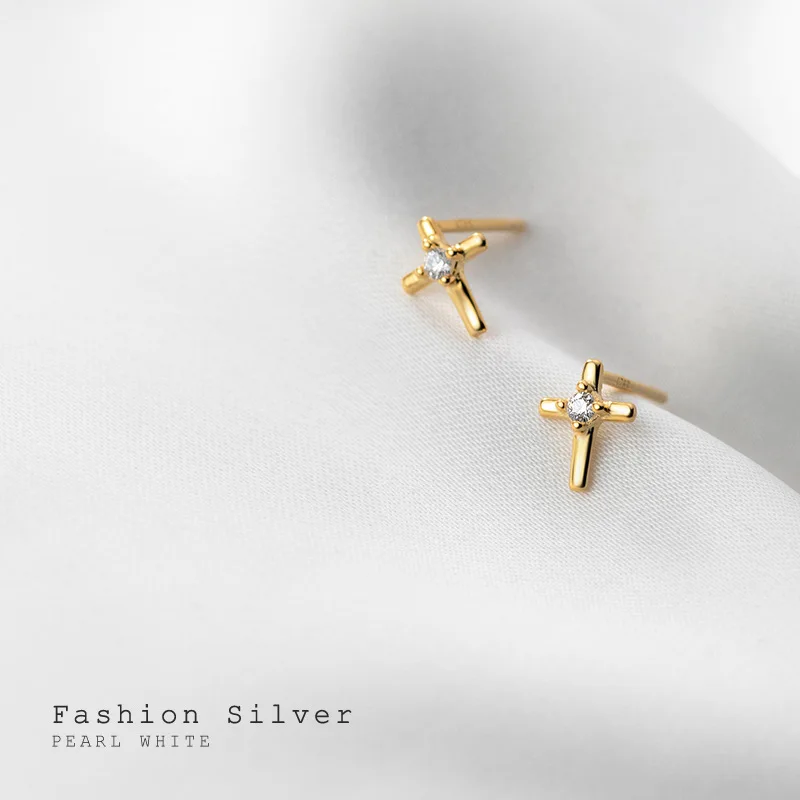 

6mm*8mm 1Pair Authentic Real 100% 925 Sterling Silver Jewelry CZ Cross Piercing Ear Stud Earrings Jesus C-G8761