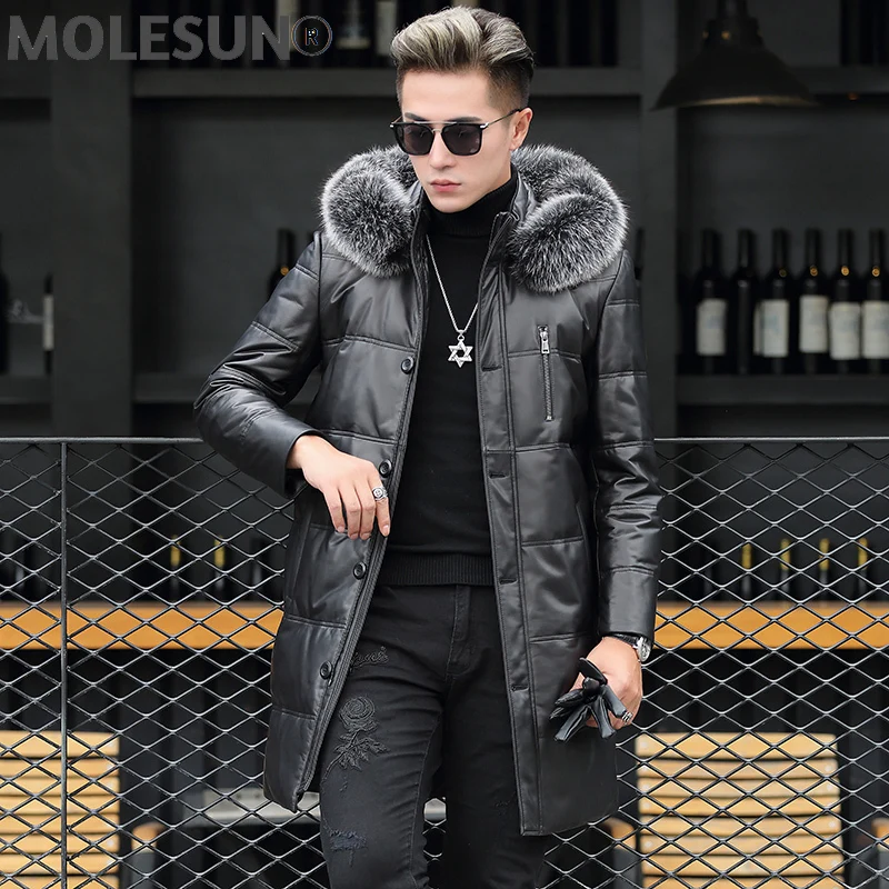 

AYUSNUE Genuine Leather Down Jacket Men Winter Sheepskin Coat Fox Fur Collar Hooded Long Real Leather Jacket Men RS89812 KJ4966