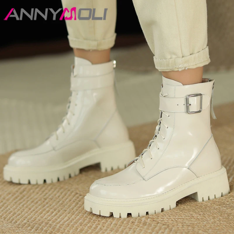 

Ботинки ANNYMOLI женские короткие на платформе, мотоциклетные ботинки на высоком каблуке, со шнуровкой, полусапожки на блочном каблуке, на заст...