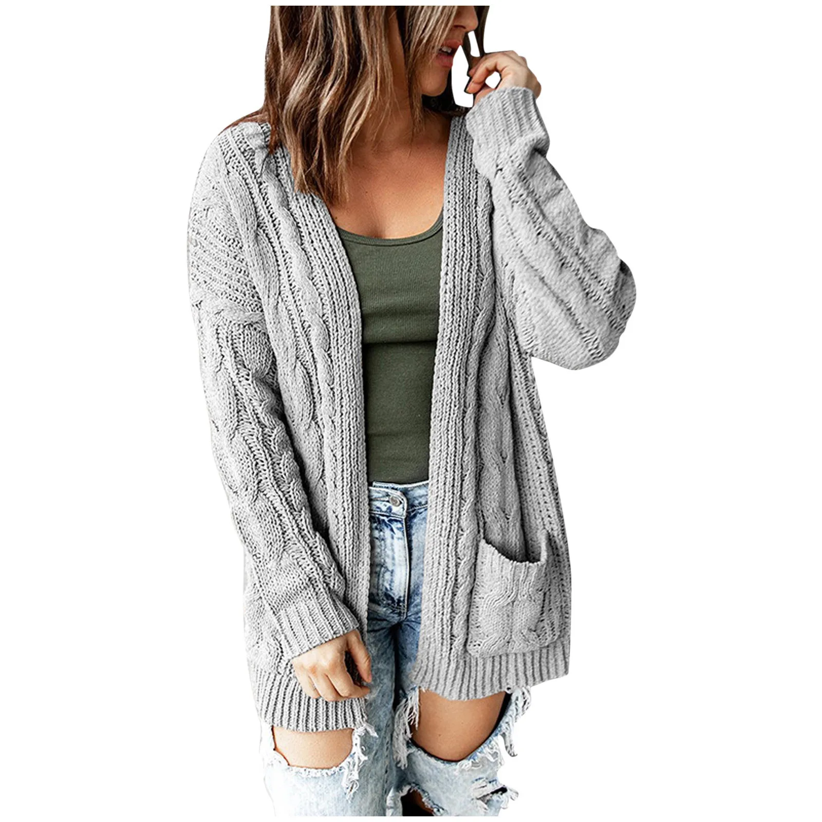 

Women's Solid Color Knitted Cardigan Loose Sweater Fashion Pocket Causal Elegant Thicken Warm Outwear Sweaters For Women