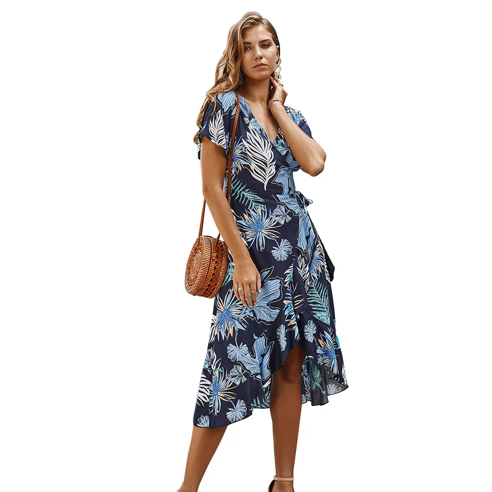 

Women Beach Dress Summer Spring 2021 Bohemian Ruffles Print Short Sleeve Floral V-Neck Blue Yellow Pink Dresses Vestidos