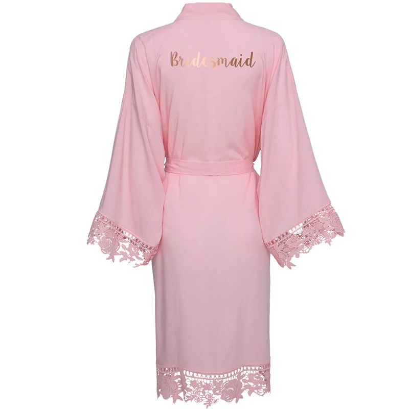 YUXINBRIDAL зеленый однотонный хлопковый Халат кимоно с кружевной отделкой женский свадебный халат белый халат - Цвет: blush bridesmaid