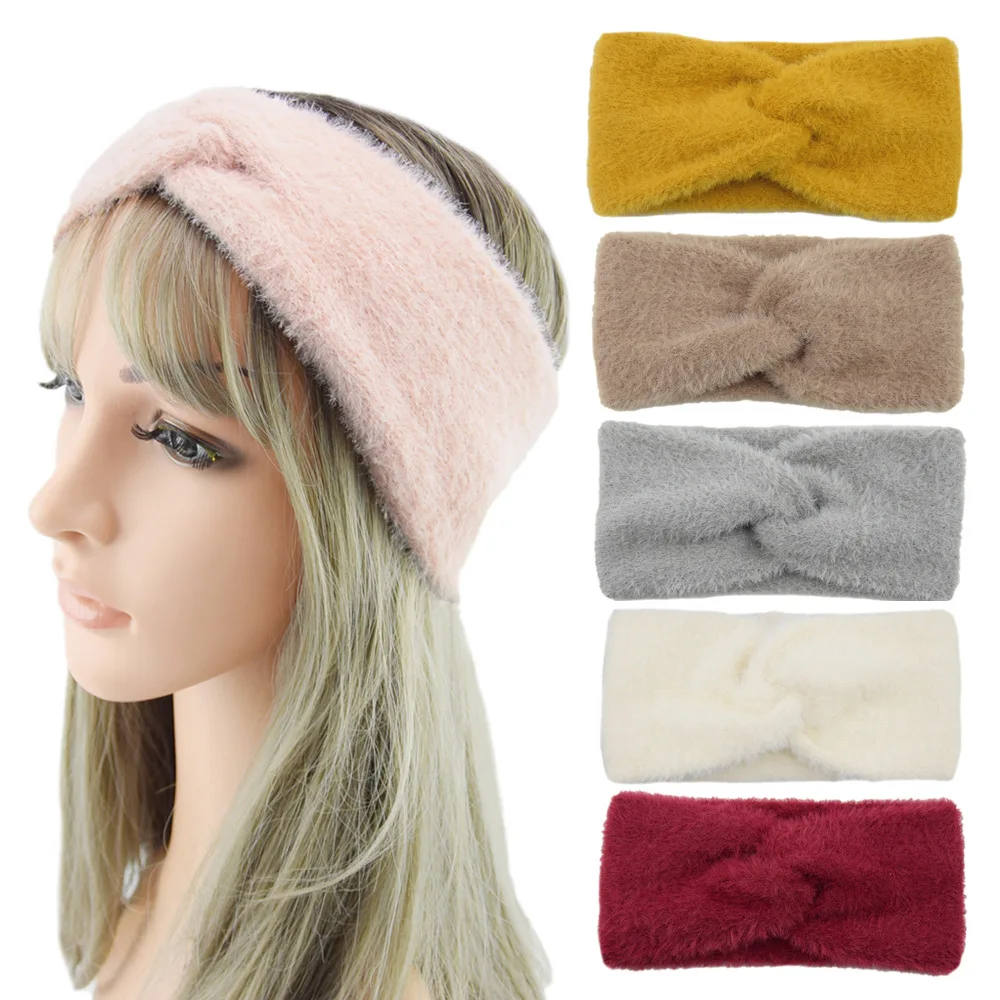 

Winter Warm Headband for Women Woolen Plush Cross Mink Fur Headbands Elastic Headband Fluffy Bow Hair Band Hair Accessories