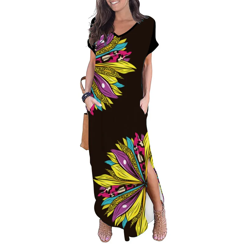 

Модное женское свободное Повседневное платье с карманами, новинка 2021, летнее платье с коротким рукавом и принтом, асимметричное платье макс...