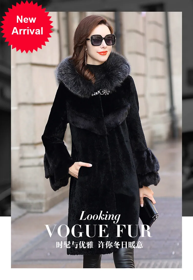 

new fashion fox fur collar hooded mink fur cuff elegant sheepskin fur women's coat winter