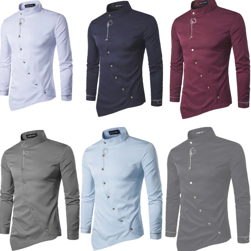 Асимметричная диагональная пуговица новинка 2021 модная мужская рубашка одежда в