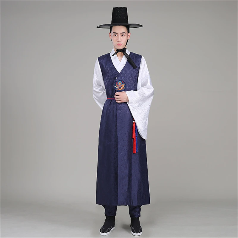 Korean Hanbok Orthodox Traditional Korean Style Wedding Costume Satin Male Ethnic Clothing for Men Dance Costume Cosplay Kimono - Цвет: navy