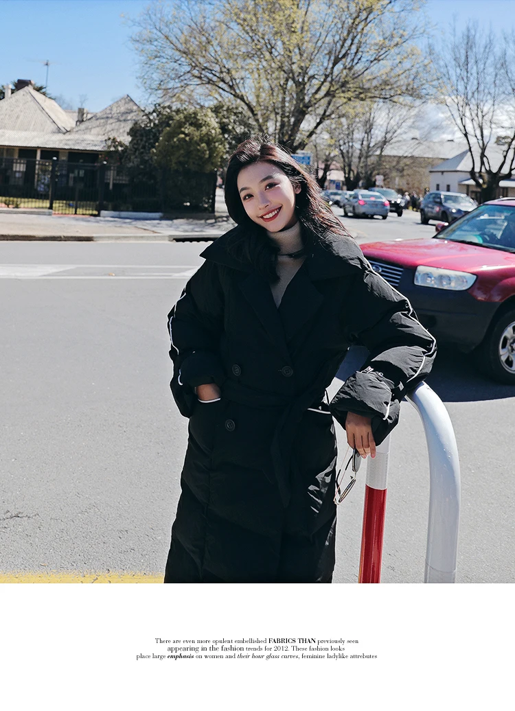 Hong Kong Style Thick Long Lace-up Cotton Coat Women's Winter Style Students Cotton-padded Jacket down Feather Cotton-padde