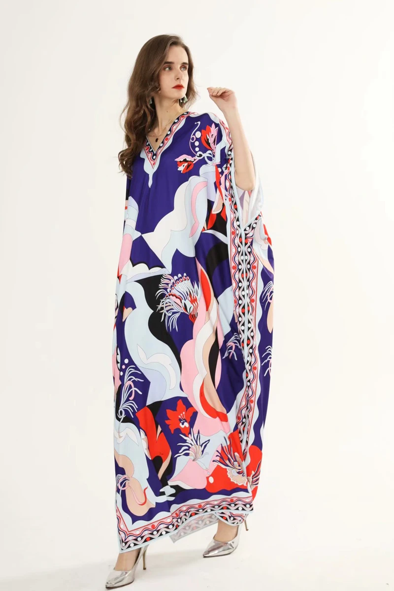 

2020 Women's Runway Dresses V Neck Knitted Batwing Sleeves Loose Design Printed Sexy Side Split Fashion Casual Long Maxi Dresses