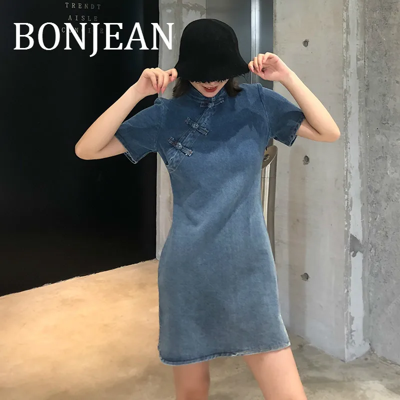 

BONJEAN Джинсовое платье с разрезом для женщин 2019 Robe Femme с коротким рукавом Синие джинсы с воротником-стойкой Повседневное платье онлайн A-Line ...