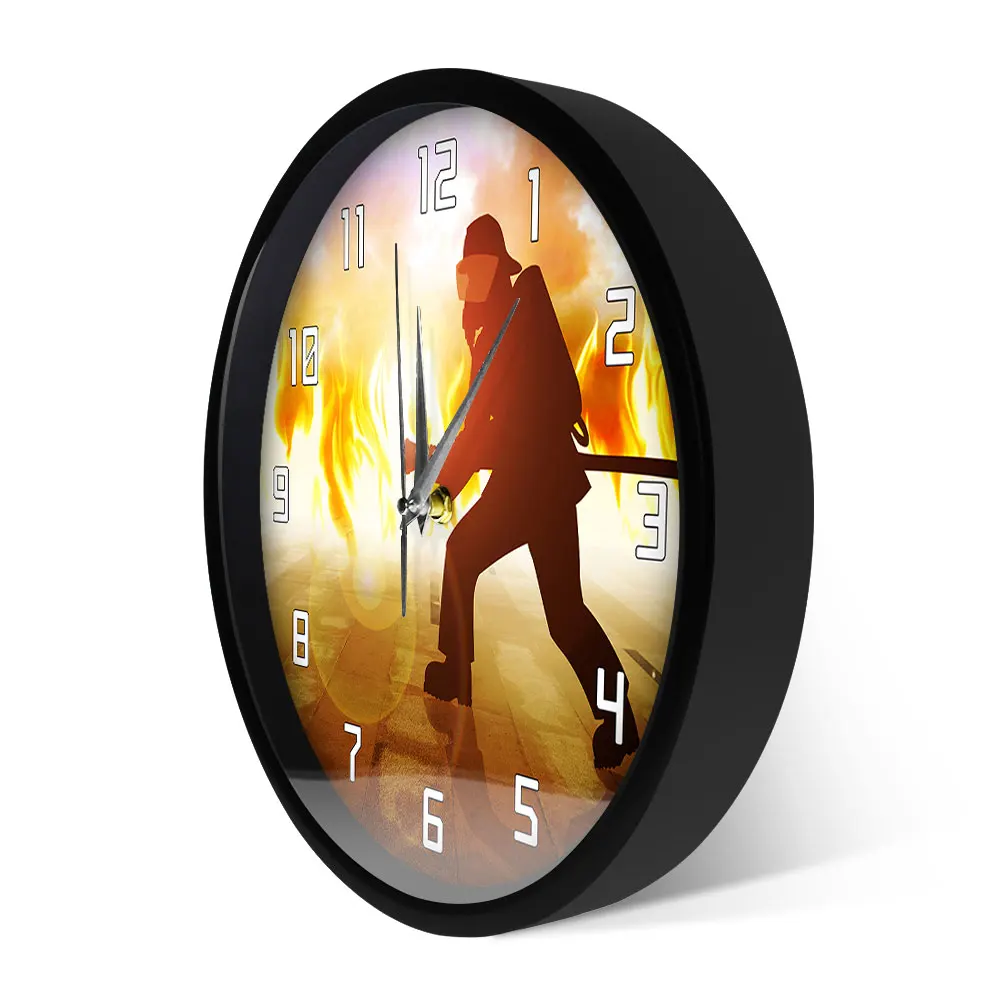 

Firefighter Fighting A Fire Scene Metal Frame LED Wall Clock Sound Control Firemen Clocks Watch Fire Dept Decor Modern Design