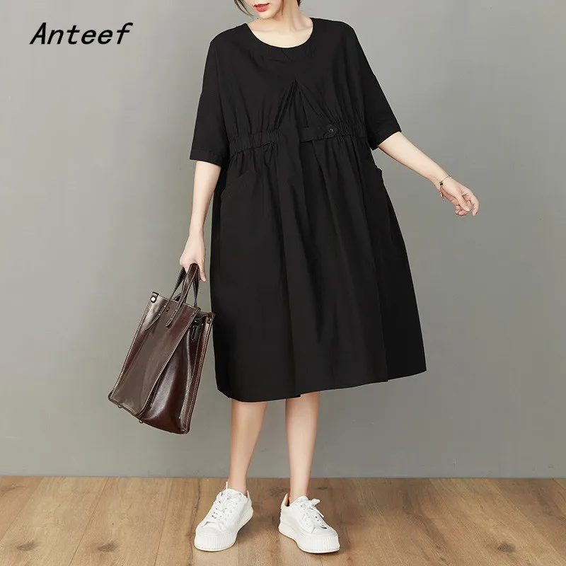 

short sleeve oversized cotton vintage dresses for women casual loose midi woman summer dress elegant clothes 2022