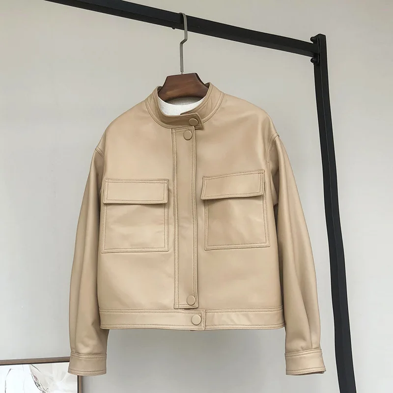 Женская кожаная куртка haining короткая с воротником из овечьей кожи на весну и