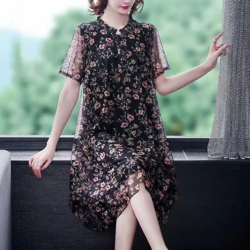 

Plus Size Short Sleeve Summer Dress 2021 Small Floral Net Yarn Loose Mother's Dress Print Dresses For Women 2021 Blue Long 218