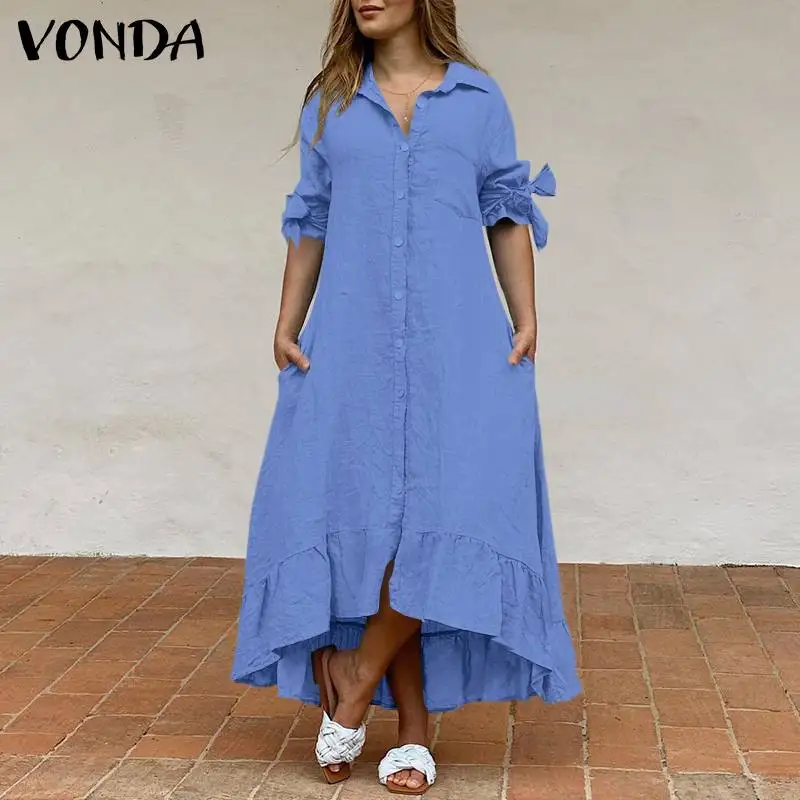

Women Shirt Dress 2022 VONDA Casual Solid Color 3/4 Sleeve Party Long Maxi Dresses Asymmetric Hem Ruffled Vestido Beach Sundress