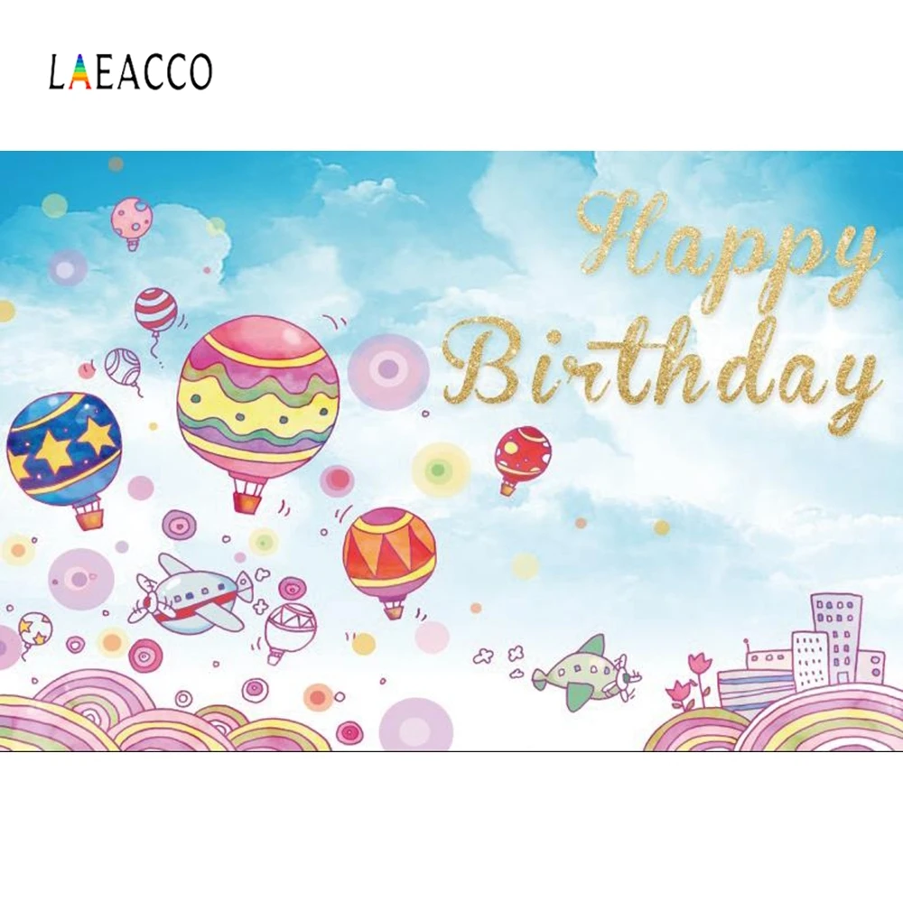 Laeacco Baby Birthday Photocall Blue Sky White Clouds Hot Air Balloons Rainbow Buildings Photography Backgrounds Photo Backdrops |