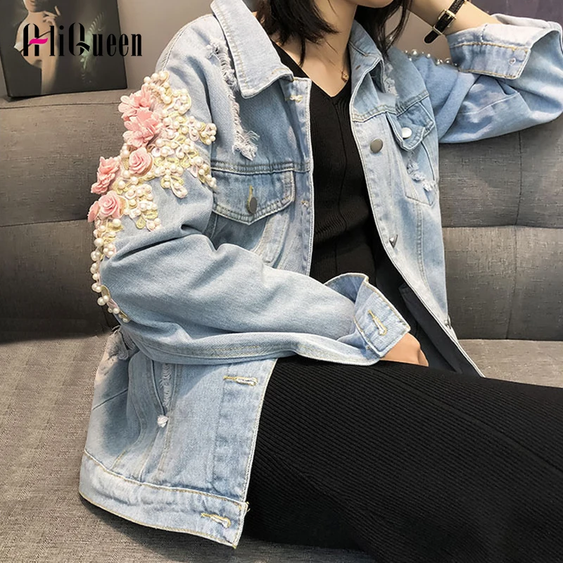 

Women Embroidery Pearls Beading Short Denim Jeckets Coat Female Loose Frayed Holes Appliques Jean Jacket Outerwear