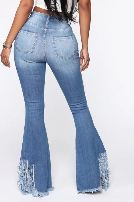 

High Waist Personalized Perforated Elastic Floor Flare Pants Lare Eans Punk Rock Famous Pants Slimming Pants for Women