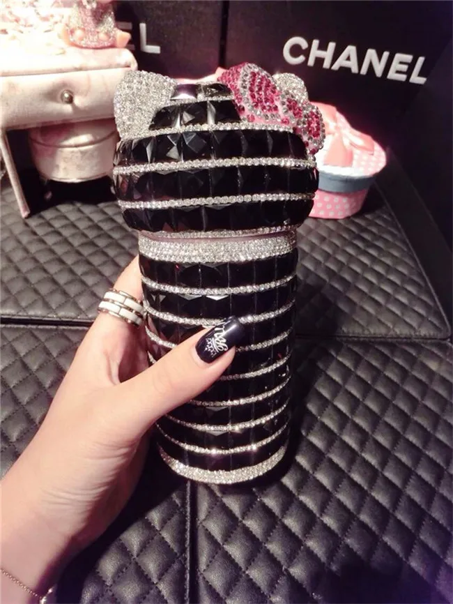300ml black Милый Кот инкрустированный бриллиантами Термокружка для воды - Цвет: 300ml black