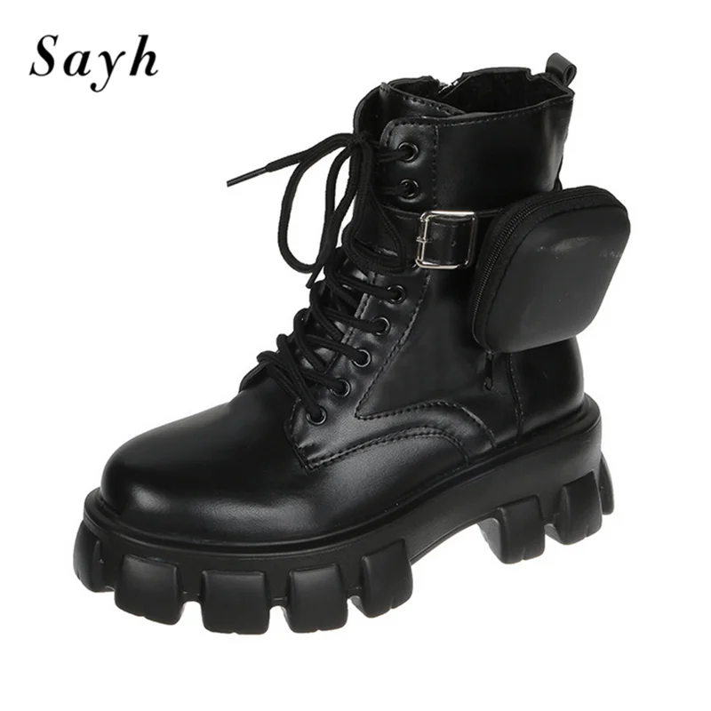 Женские ботильоны с карманами Подиумные на толстой подошве со шнуровкой и