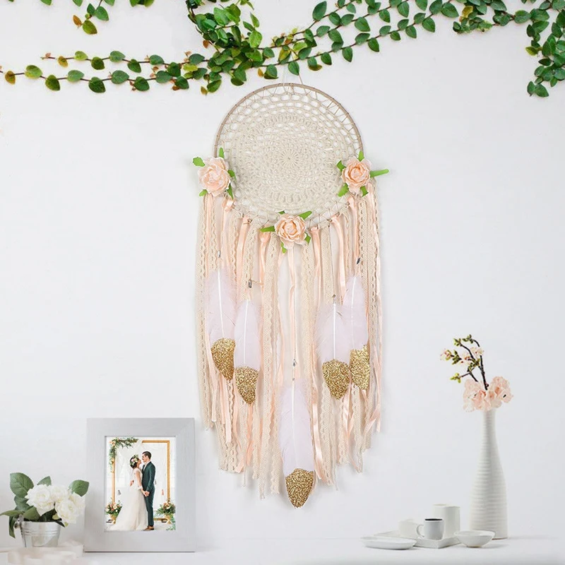 

AT69 -Woven Flower Feathers Dreamcatcher Boho Macrame Hanging Dream Catcher DIY Wind Chimes Wall Art Wedding Decoration