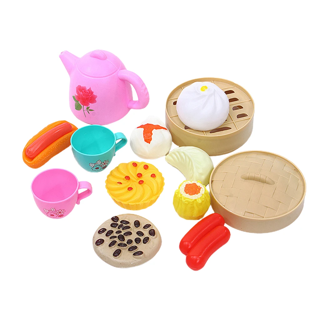 

Multi Pieces Baby Pretend Play Kitchen Toy, Chinese Style Breakfast Food and Tableware Playset, Kids Roleplay Toys