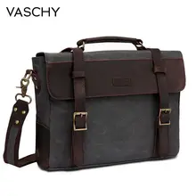 VASCHY Men Vintage Briefcase Genuine Leather Canvas Messenger Bag for Men Business Shoulder Bag Fits 14 inch Laptop Handbag