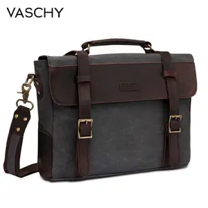vaschy men vintage briefcase genuine leather canvas messenger bag for men business shoulder bag fits 14 inch laptop handbag free global shipping