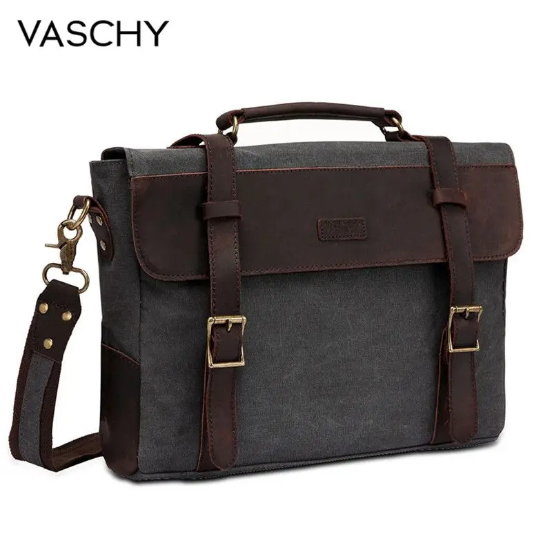 VASCHY Мужской винтажный портфель из натуральной кожи холщовая сумка мессенджер
