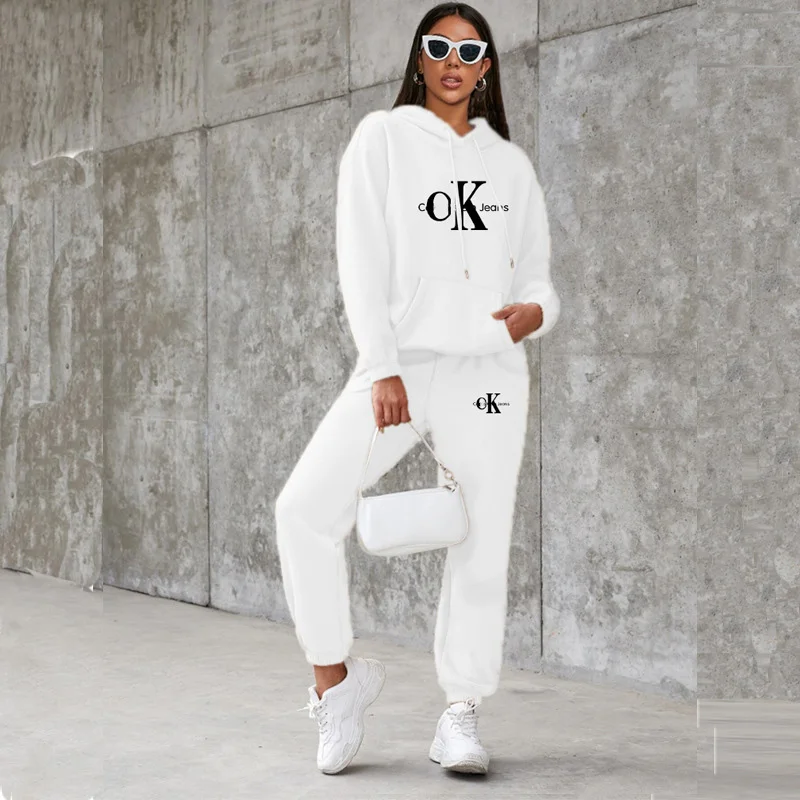

white Letter Print Hoodie Women's Oversized Round Neck Sweater Loose Pullover Long Sleeve Fashion Top Pants Set Warm Winter