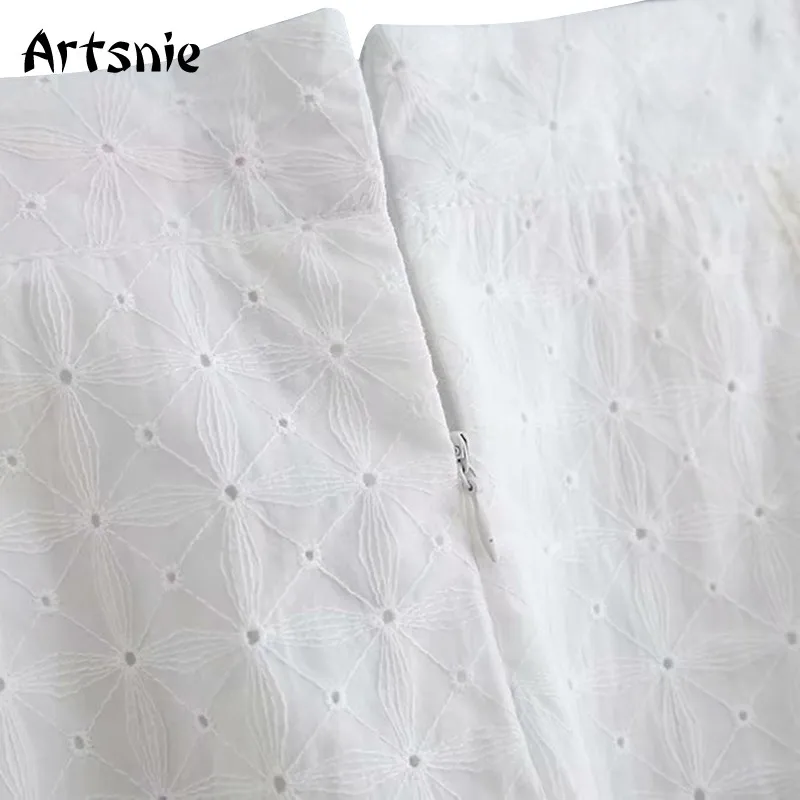 

Artsnie hollow out white A line skirt women autumn high waist vintage tassel skirt mujer embroidery short skirts jupe femme