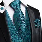 Hi-Tie бирюзовый зеленый цветочный Пейсли Шелковый мужской тонкий жилет галстук набор для костюма платья Свадебный 4 шт. жилет галстук носовой платок Набор Запонок