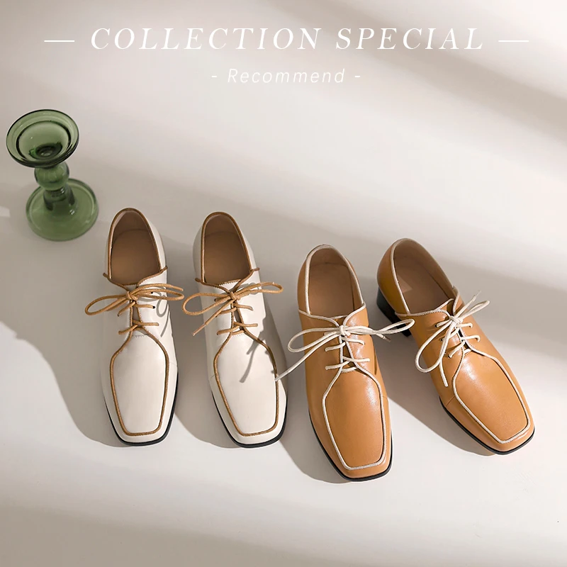 

Genuine Leather New Casual Deep Mouth Slip-On Women Shoes Square Toe Thick Heel Fashion Spring/Autumn Flats Size 34-40 Handmade