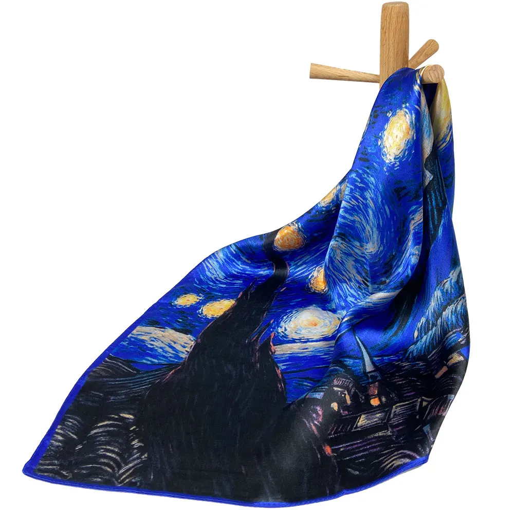 

Pure Silk Scarf Women Bandana Female Hair Scarf Starry Night Oil Painting Handkerchief Natural Silk Square Headband for Women