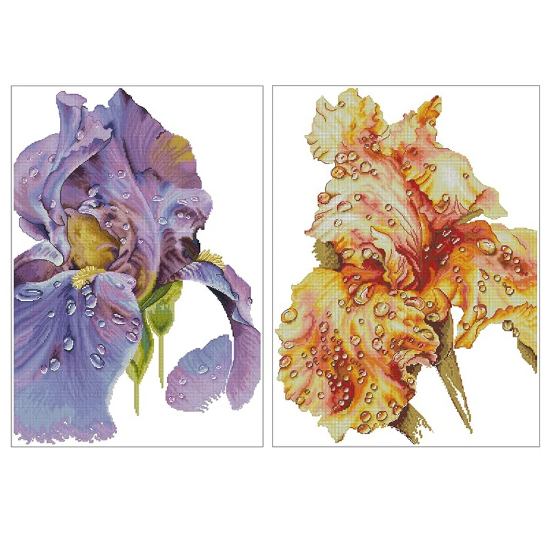 Amishop Gold Collection Counted Cross Stitch Kit Purple Dawn Iris Rain Kiss Yellow Flowers 10991