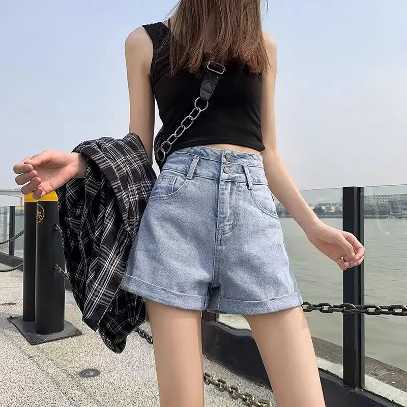 

Black hem high waist denim shorts women show thin 2021 summer thin white versatile A-line loose student hot pants trend